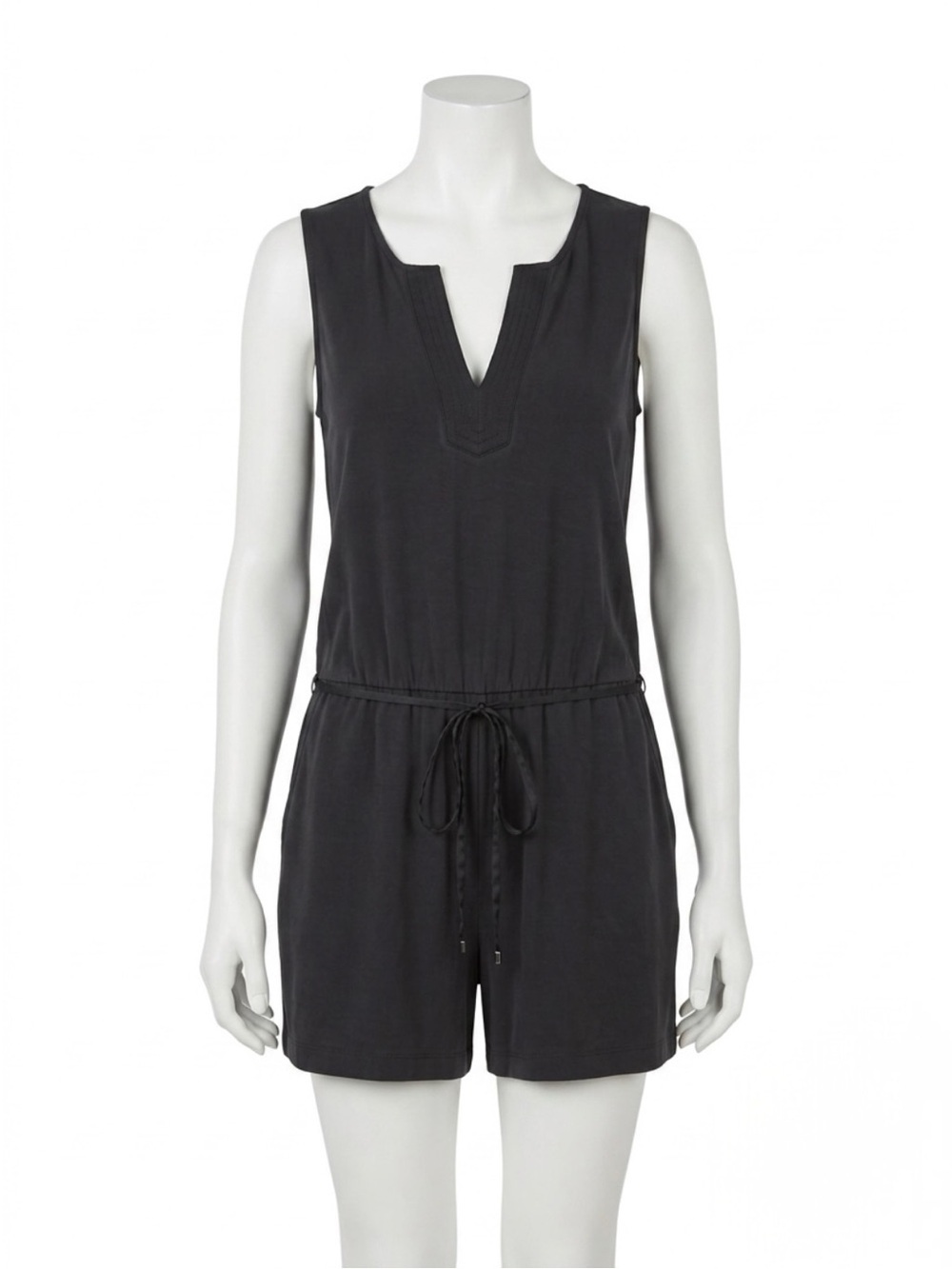 White House Black Market Black Modal Sleeveless VNeck Drawstring Romper Size S